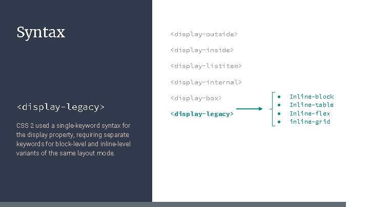 Syntax <display-outside> <display-inside> <display-listitem> <display-internal> <display-legacy> CSS 2 used a single-keyword syntax for the