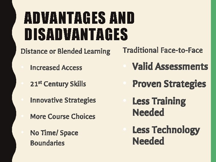 ADVANTAGES AND DISADVANTAGES Distance or Blended Learning Traditional Face-to-Face • Increased Access • Valid ADVANTAGES AND DISADVANTAGES Distance or Blended Learning Traditional Face-to-Face • Increased Access • Valid