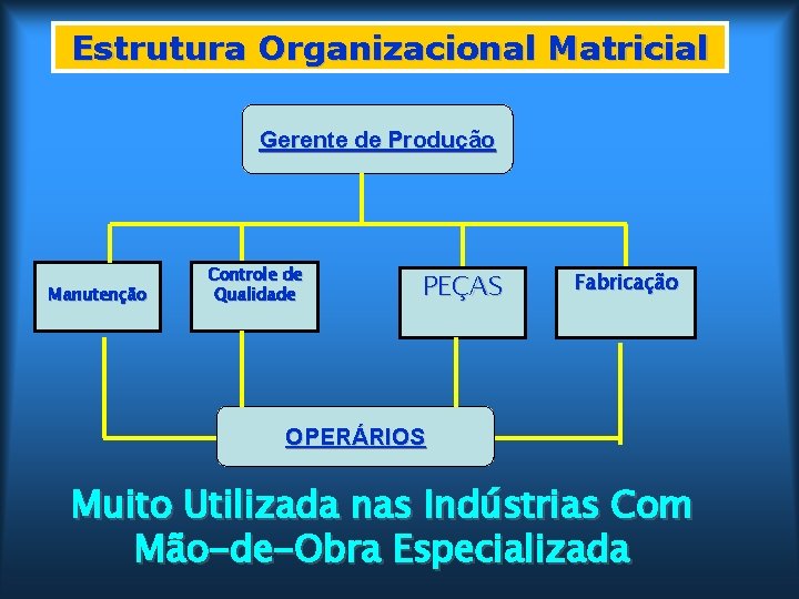 Estrutura Organizacional Matricial Gerente de Produção Manutenção Controle de Qualidade PEÇAS Fabricação OPERÁRIOS Muito