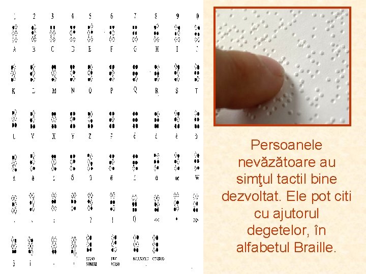 Persoanele nevăzătoare au simţul tactil bine dezvoltat. Ele pot citi cu ajutorul degetelor, în Persoanele nevăzătoare au simţul tactil bine dezvoltat. Ele pot citi cu ajutorul degetelor, în