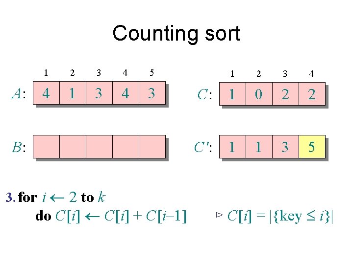 Counting sort A: 1 2 3 4 5 4 1 3 4 3 B: