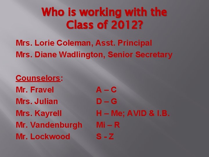 Who is working with the Class of 2012? Mrs. Lorie Coleman, Asst. Principal Mrs.