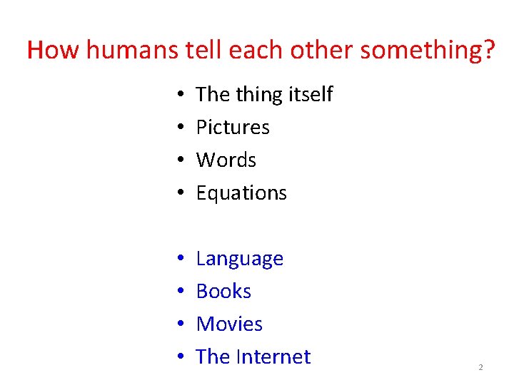 How humans tell each other something? • • The thing itself Pictures Words Equations