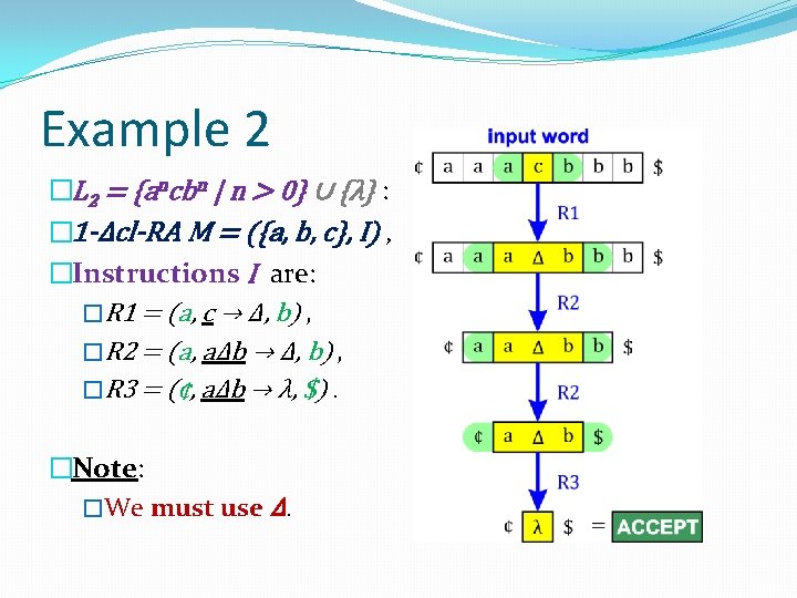 Example 2 �L 2 = {ancbn | n > 0} ∪ {λ} : �