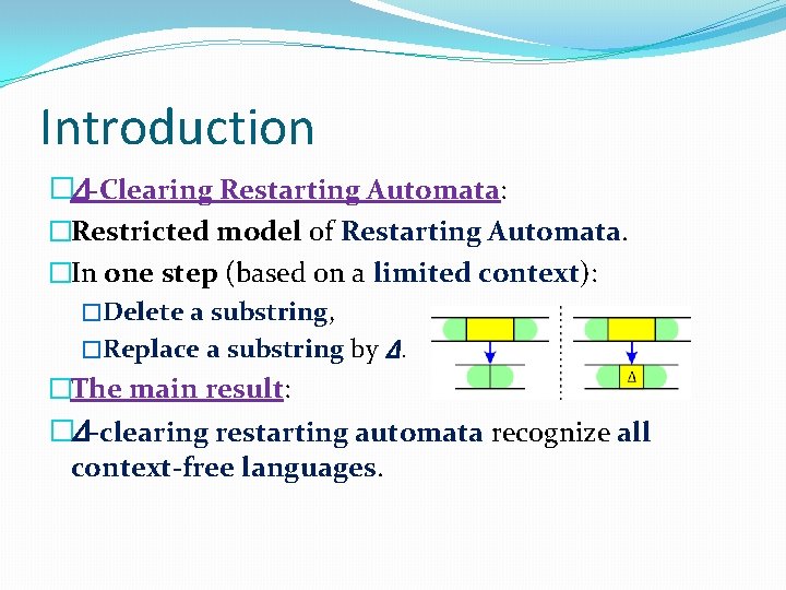 Introduction �Δ-Clearing Restarting Automata: �Restricted model of Restarting Automata. �In one step (based on