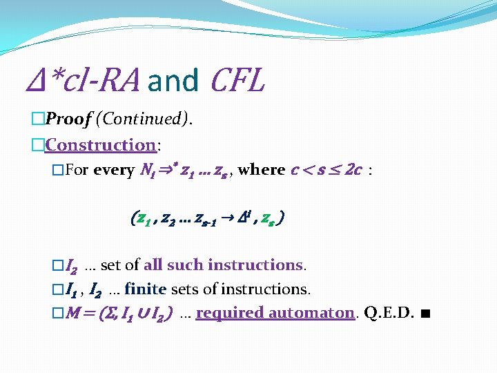 Δ*cl-RA and CFL �Proof (Continued). �Construction: �For every Ni ⇒* z 1 … zs