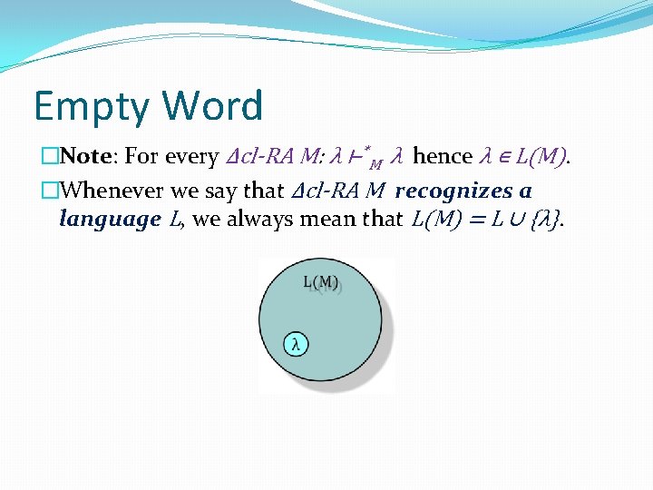 Empty Word �Note: For every Δcl-RA M: λ ⊢*M λ hence λ ∊ L(M).