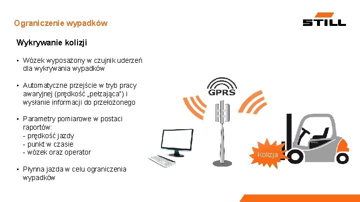 Ograniczenie wypadków Wykrywanie kolizji • Wózek wyposażony w czujnik uderzeń dla wykrywania wypadków •