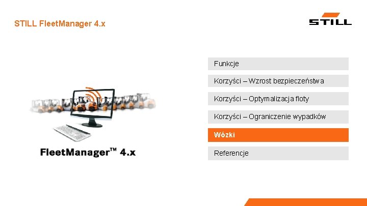 STILL Fleet. Manager 4. x Funkcje Korzyści – Wzrost bezpieczeństwa Korzyści – Optymalizacja floty