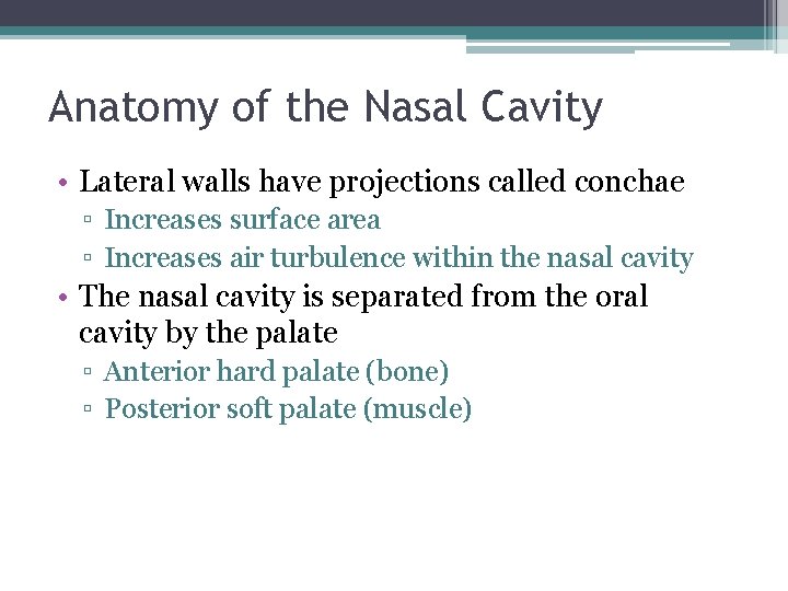 Anatomy of the Nasal Cavity • Lateral walls have projections called conchae ▫ Increases