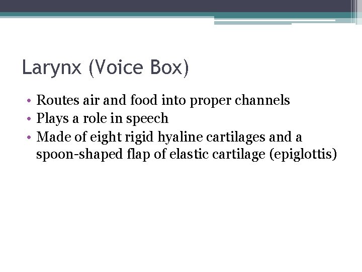 Larynx (Voice Box) • Routes air and food into proper channels • Plays a