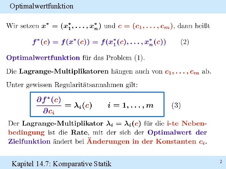 Optimalwertfunktion Kapitel 14. 7: Komparative Statik 2 