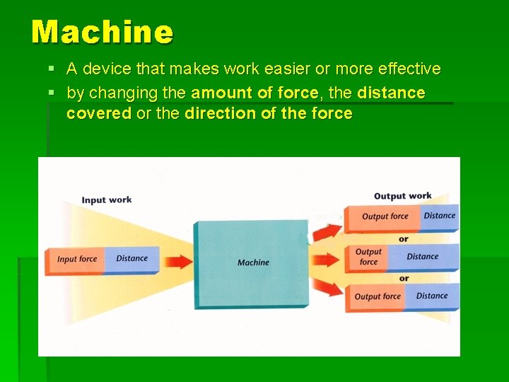 Machine § A device that makes work easier or more effective § by changing