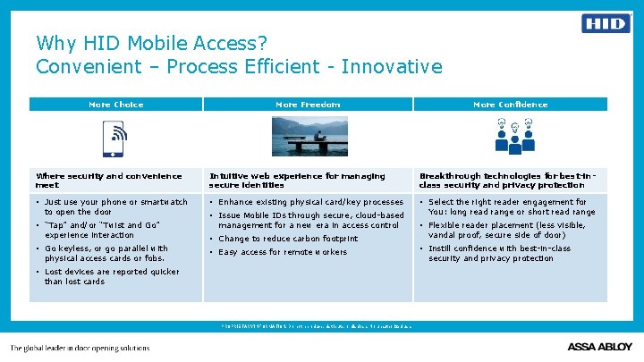 Why HID Mobile Access? Convenient – Process Efficient - Innovative More Choice More Freedom