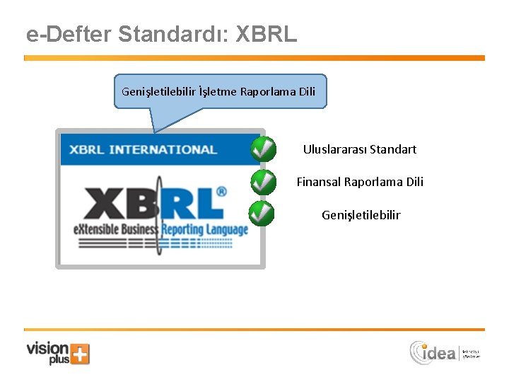 e-Defter Standardı: XBRL Genişletilebilir İşletme Raporlama Dili Uluslararası Standart Finansal Raporlama Dili Genişletilebilir 