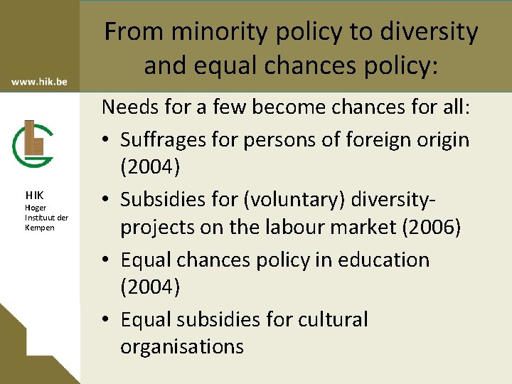 From minority policy to diversity and equal chances policy: HIK Hoger Instituut der Kempen