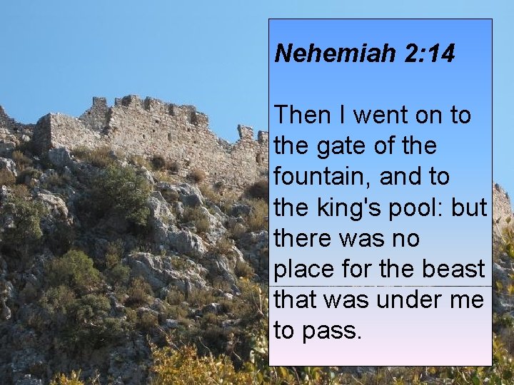Nehemiah 2: 14 Then I went on to the gate of the fountain, and Nehemiah 2: 14 Then I went on to the gate of the fountain, and