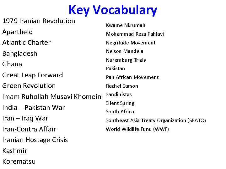 Key Vocabulary 1979 Iranian Revolution Apartheid Atlantic Charter Bangladesh Ghana Great Leap Forward Green