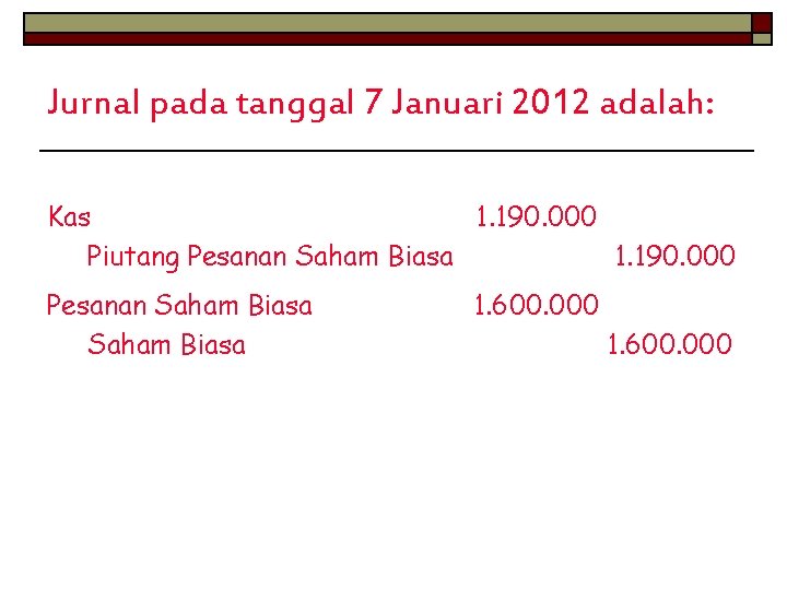 Jurnal pada tanggal 7 Januari 2012 adalah: Kas 1. 190. 000 Piutang Pesanan Saham