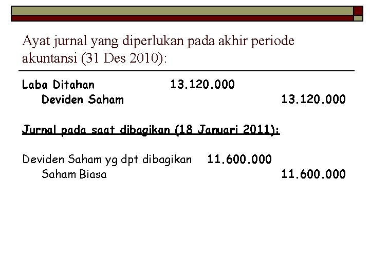 Ayat jurnal yang diperlukan pada akhir periode akuntansi (31 Des 2010): Laba Ditahan Deviden