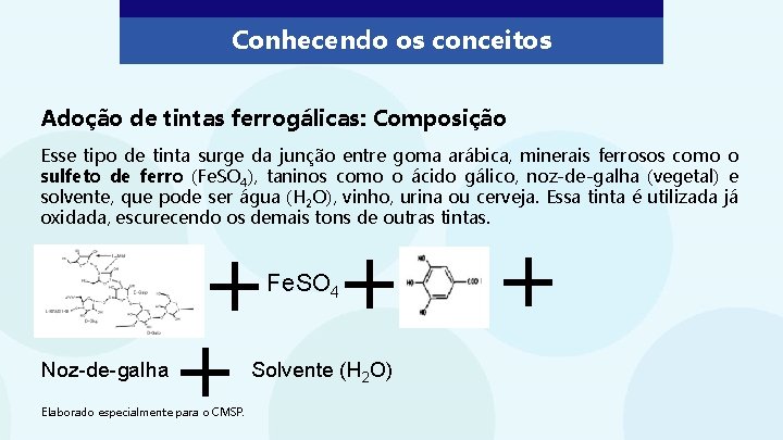 Conhecendo os conceitos Adoção de tintas ferrogálicas: Composição Esse tipo de tinta surge da