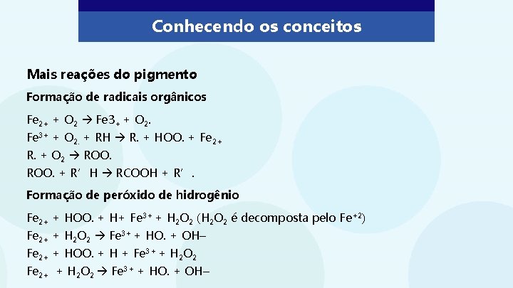 Conhecendo os conceitos Mais reações do pigmento Formação de radicais orgânicos Fe 2+ +