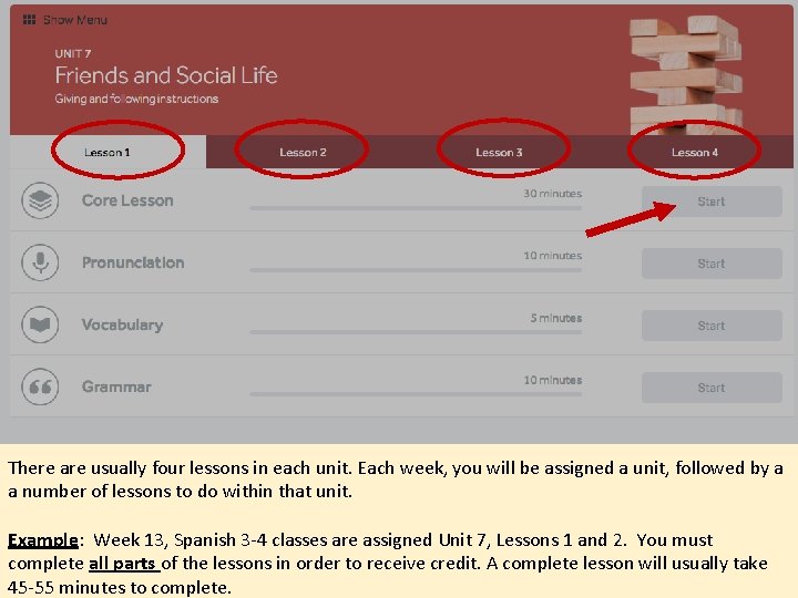 There are usually four lessons in each unit. Each week, you will be assigned