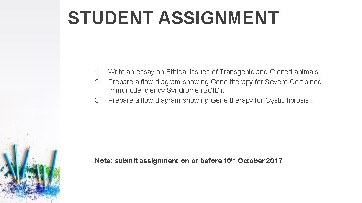 STUDENT ASSIGNMENT 1. 2. 3. Write an essay on Ethical Issues of Transgenic and