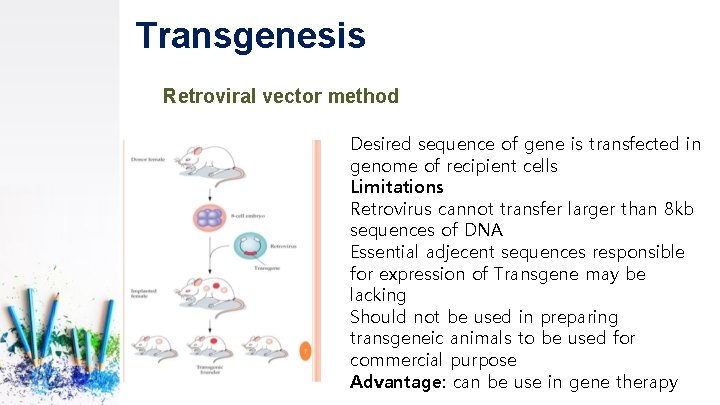 Transgenesis Retroviral vector method Desired sequence of gene is transfected in genome of recipient