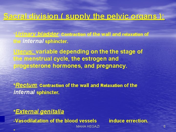 Sacral division ( supply the pelvic organs ): *Urinary bladder: Contraction of the wall