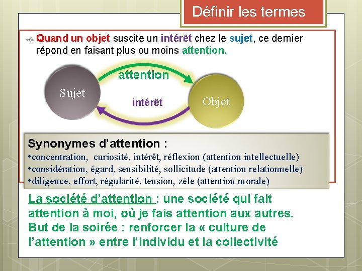 Définir les termes Quand un objet suscite un intérêt chez le sujet, ce dernier