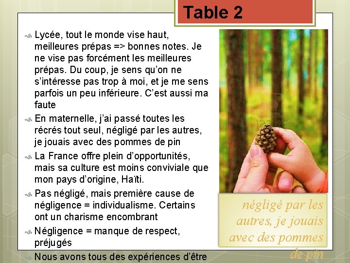 Table 2 Lycée, tout le monde vise haut, meilleures prépas => bonnes notes. Je