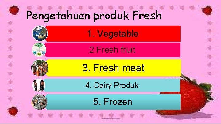 Pengetahuan produk Fresh 1. Vegetable 2. Fresh fruit 3. Fresh meat 4. Dairy Produk