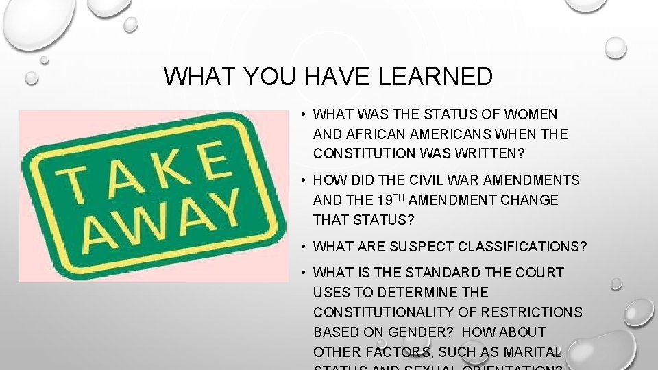 WHAT YOU HAVE LEARNED • WHAT WAS THE STATUS OF WOMEN AND AFRICAN AMERICANS