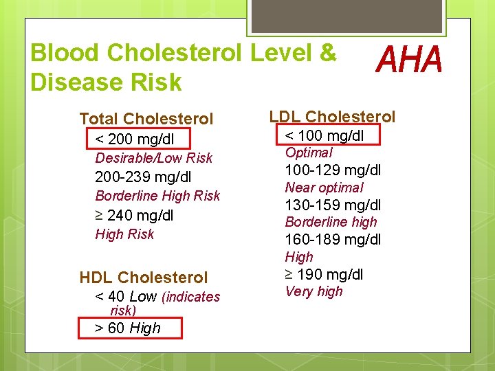 Blood Cholesterol Level & Disease Risk Total Cholesterol < 200 mg/dl Desirable/Low Risk 200 Blood Cholesterol Level & Disease Risk Total Cholesterol < 200 mg/dl Desirable/Low Risk 200