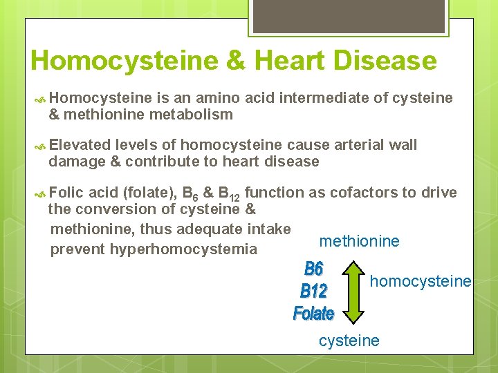 Homocysteine & Heart Disease Homocysteine is an amino acid intermediate of cysteine & methionine Homocysteine & Heart Disease Homocysteine is an amino acid intermediate of cysteine & methionine