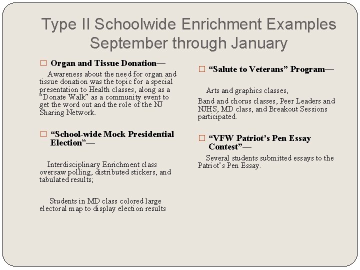 Type II Schoolwide Enrichment Examples September through January � Organ and Tissue Donation— Awareness Type II Schoolwide Enrichment Examples September through January � Organ and Tissue Donation— Awareness
