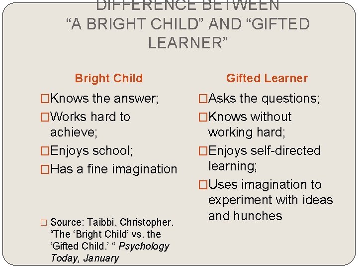 DIFFERENCE BETWEEN “A BRIGHT CHILD” AND “GIFTED LEARNER” Bright Child Gifted Learner �Knows the DIFFERENCE BETWEEN “A BRIGHT CHILD” AND “GIFTED LEARNER” Bright Child Gifted Learner �Knows the