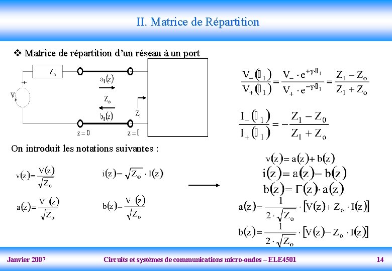 II. Matrice de Répartition v Matrice de répartition d’un réseau à un port On