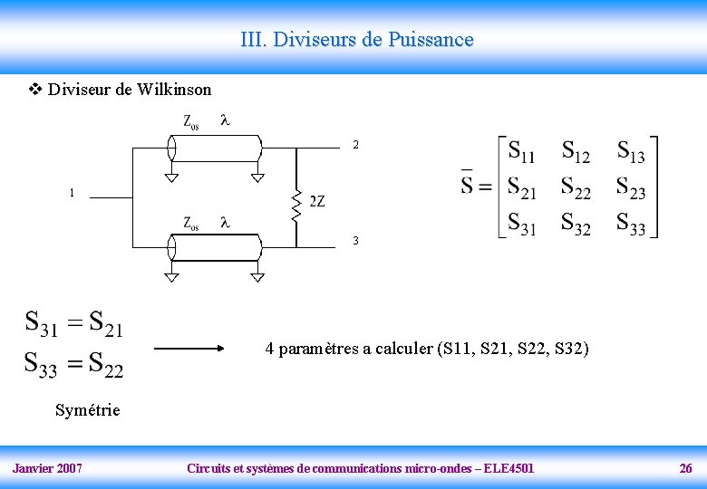 III. Diviseurs de Puissance v Diviseur de Wilkinson 2 1 3 4 paramètres a