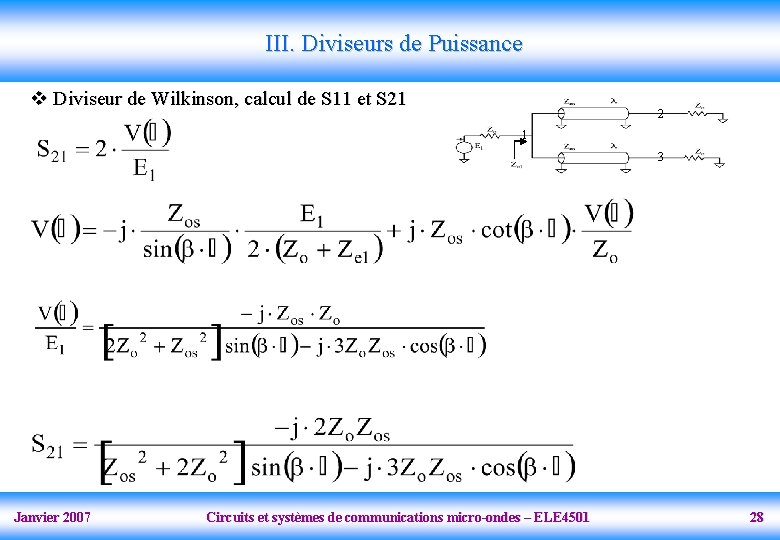 III. Diviseurs de Puissance v Diviseur de Wilkinson, calcul de S 11 et S