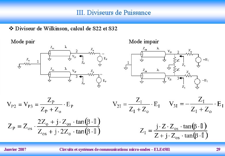 III. Diviseurs de Puissance v Diviseur de Wilkinson, calcul de S 22 et S