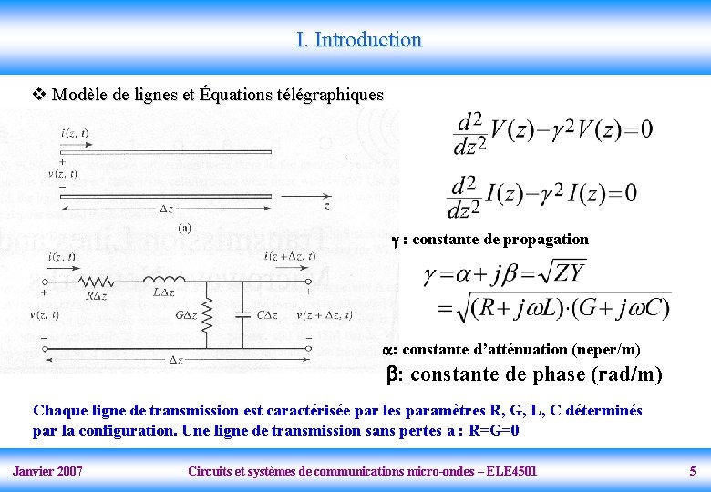 I. Introduction v Modèle de lignes et Équations télégraphiques : constante de propagation :