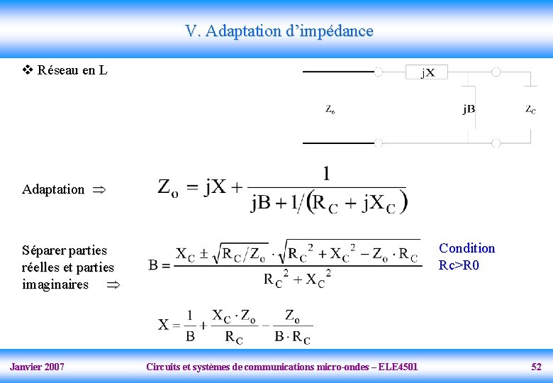 V. Adaptation d’impédance v Réseau en L Adaptation Condition Rc>R 0 Séparer parties réelles