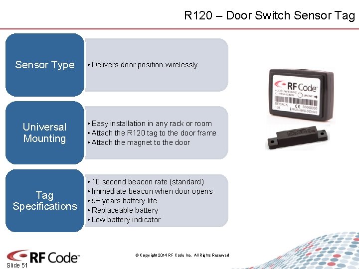 R 120 – Door Switch Sensor Tag Sensor Type • Delivers door position wirelessly
