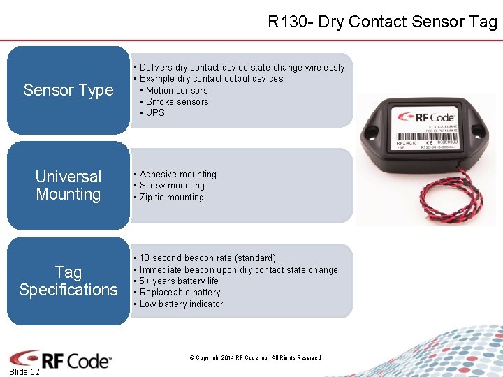 R 130 - Dry Contact Sensor Tag Sensor Type Universal Mounting Tag Specifications •