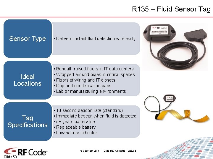 R 135 – Fluid Sensor Tag Sensor Type • Delivers instant fluid detection wirelessly