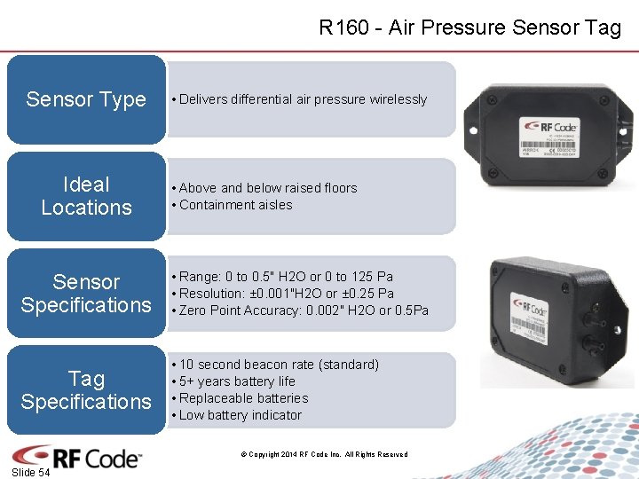 R 160 - Air Pressure Sensor Tag Sensor Type Ideal Locations • Delivers differential