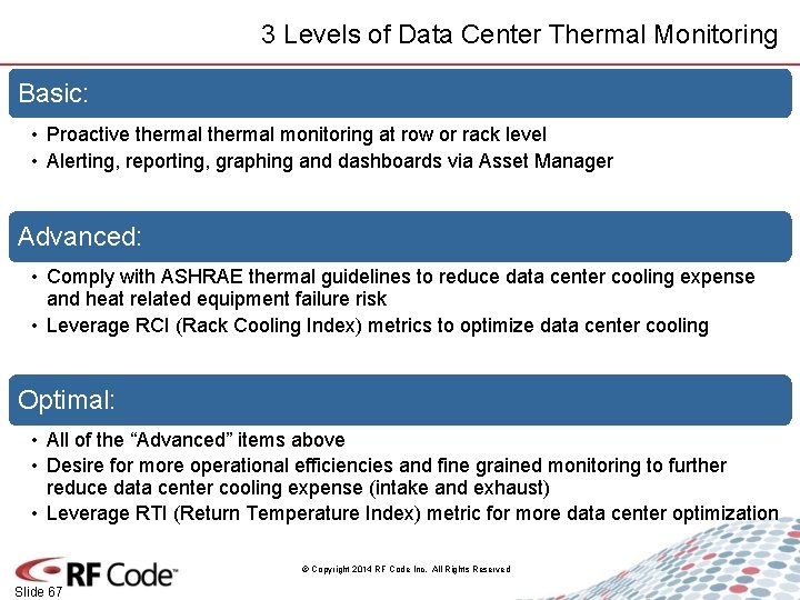 3 Levels of Data Center Thermal Monitoring Basic: • Proactive thermal monitoring at row