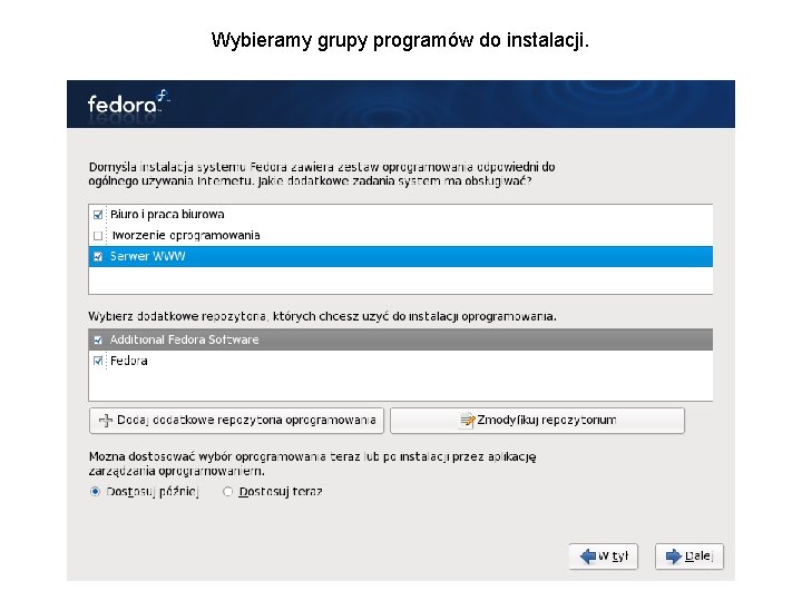 Wybieramy grupy programów do instalacji. 